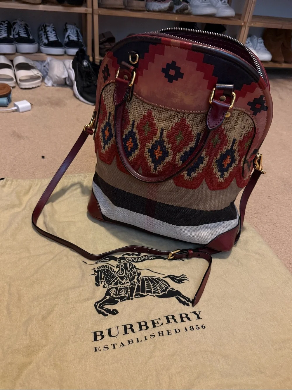 Burberry Red Patterned Canvas & Leather Top-Handle Bag